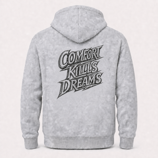 Comfort Kills Dreams grey hoodie – product flat back view
