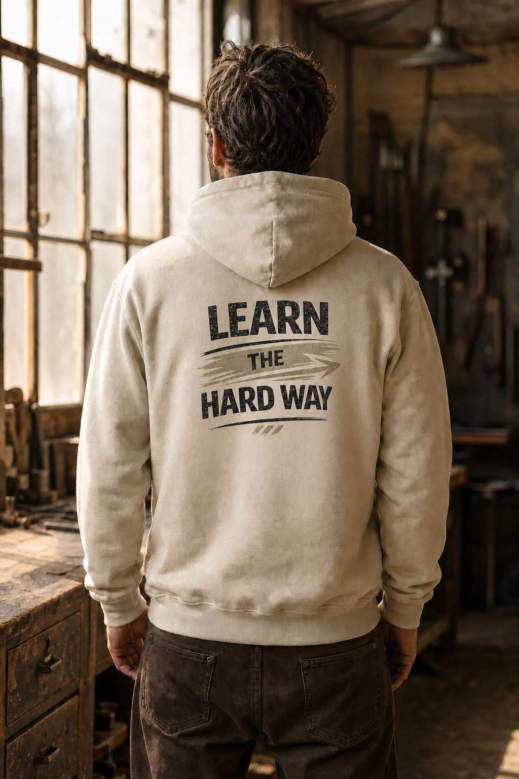 Learn The Hard Way oversized sand hoodie – lifestyle back print