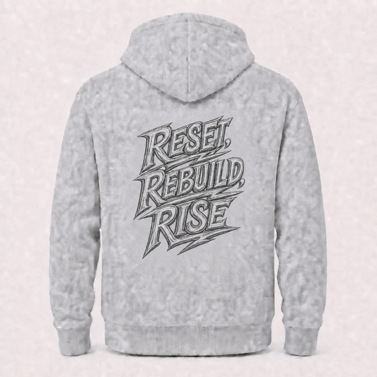 Reset Rebuild Rise grey hoodie – product flat back view