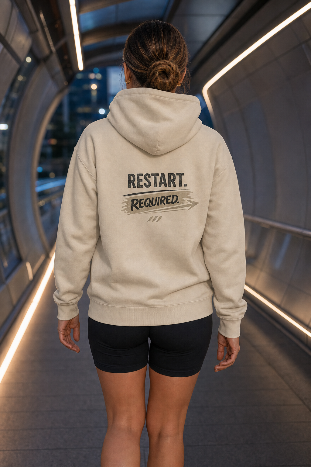 Restart Required oversized sand hoodie – lifestyle back print