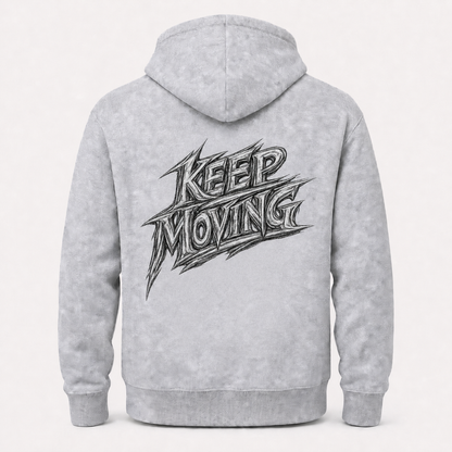 Keep Moving grey hoodie – product flat back view