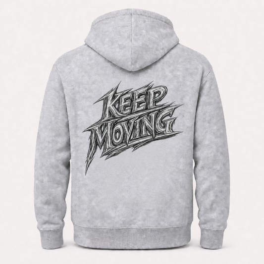 Keep Moving grey hoodie – product flat back view