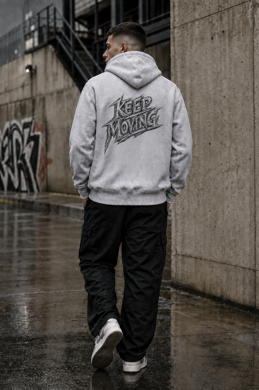Keep Moving grey hoodie – urban lifestyle back print