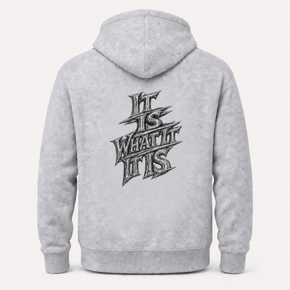 It Is What It Is grey hoodie – product flat back view