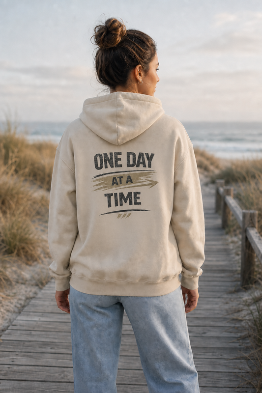 One Day At A Time oversized sand hoodie – lifestyle back print