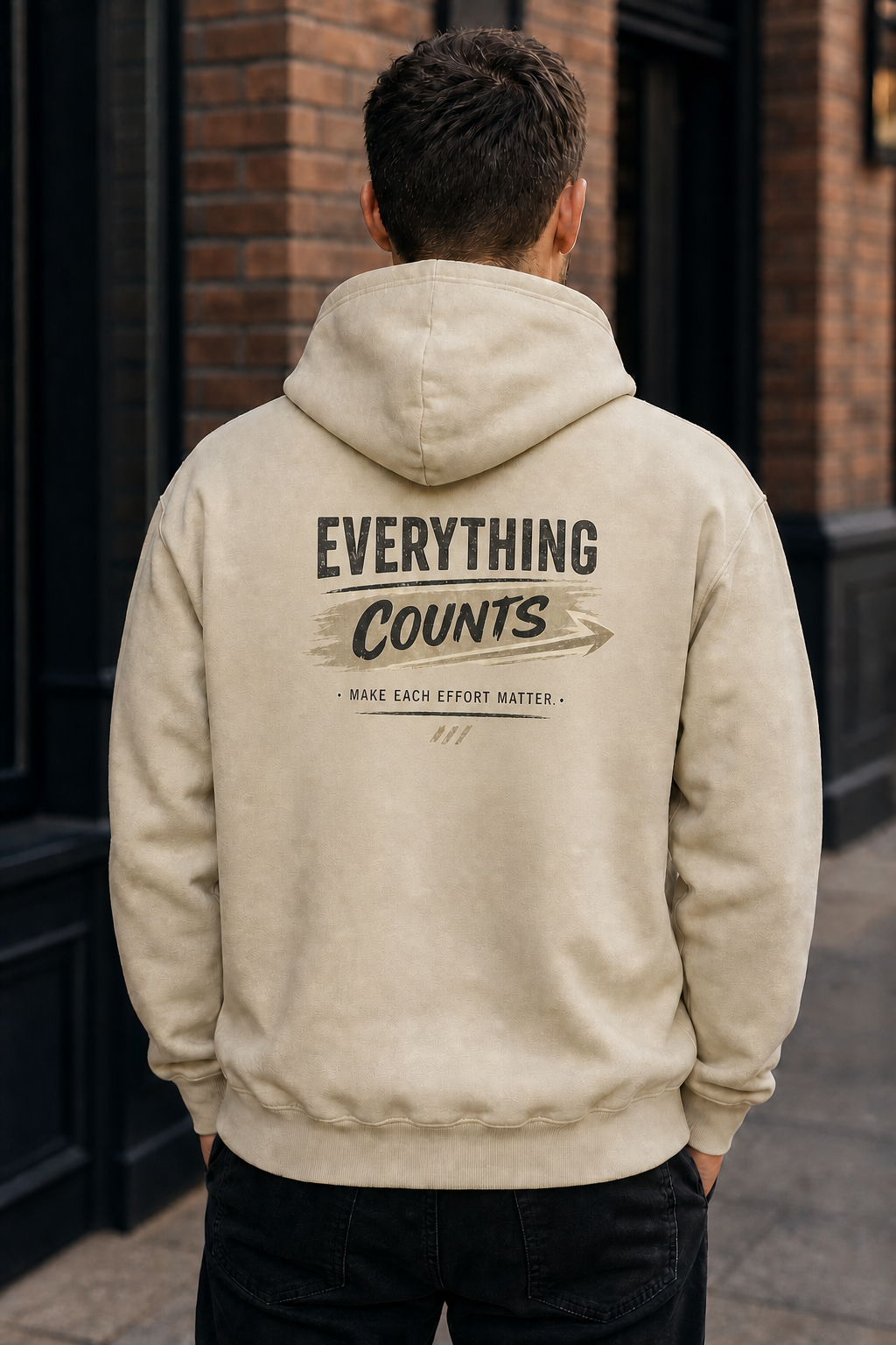 Everything Counts oversized sand hoodie – lifestyle back print