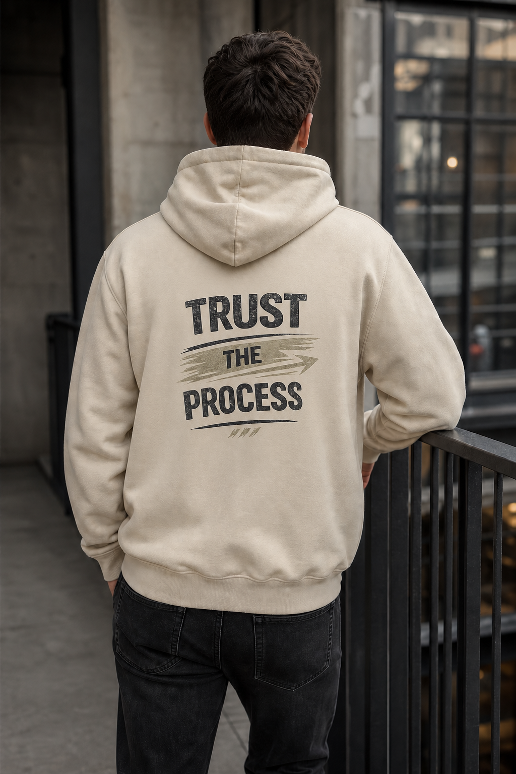 Trust The Process oversized sand hoodie – lifestyle back print