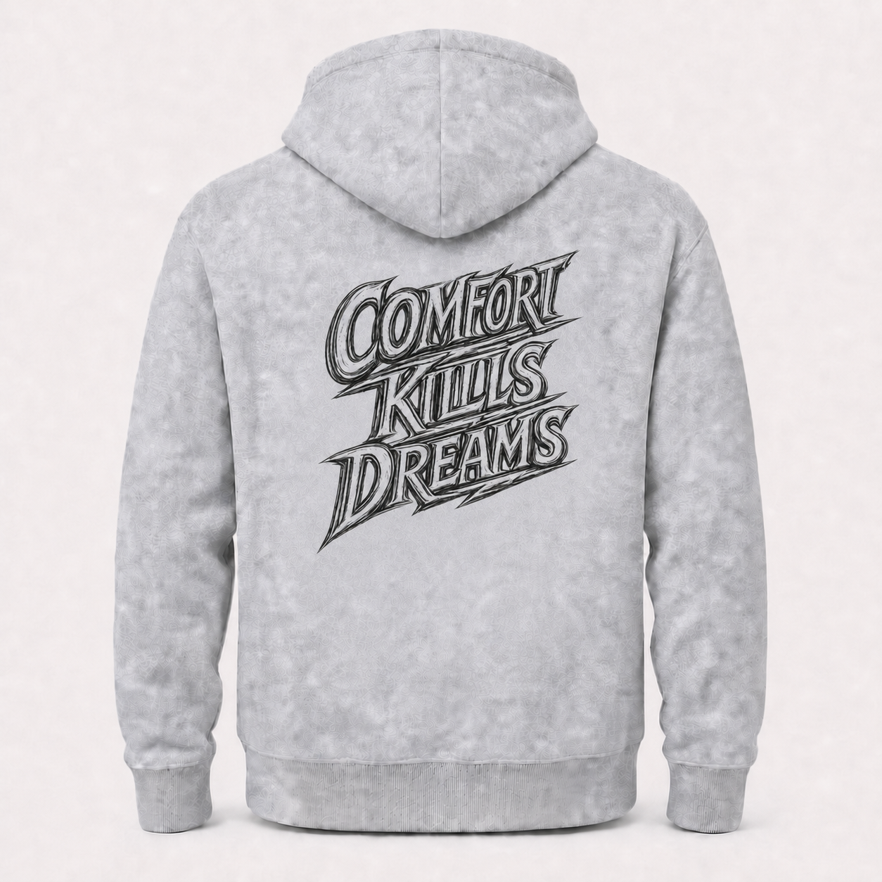 Comfort Kills Dreams grey hoodie – product flat back view