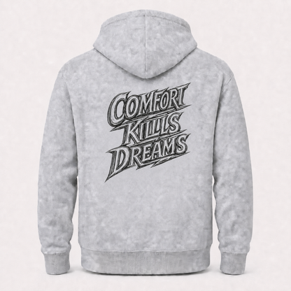 Comfort Kills Dreams grey hoodie – product flat back view