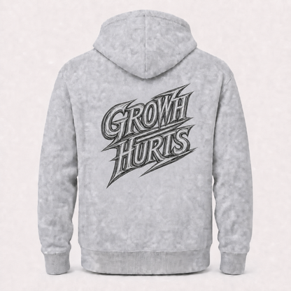 Growth Hurts grey hoodie – product flat back view