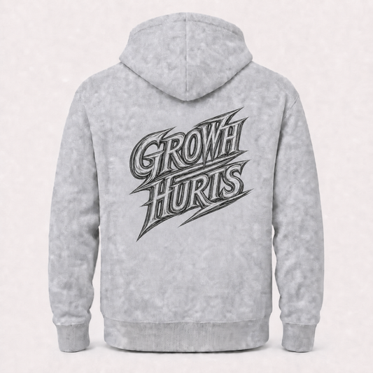 Growth Hurts grey hoodie – product flat back view