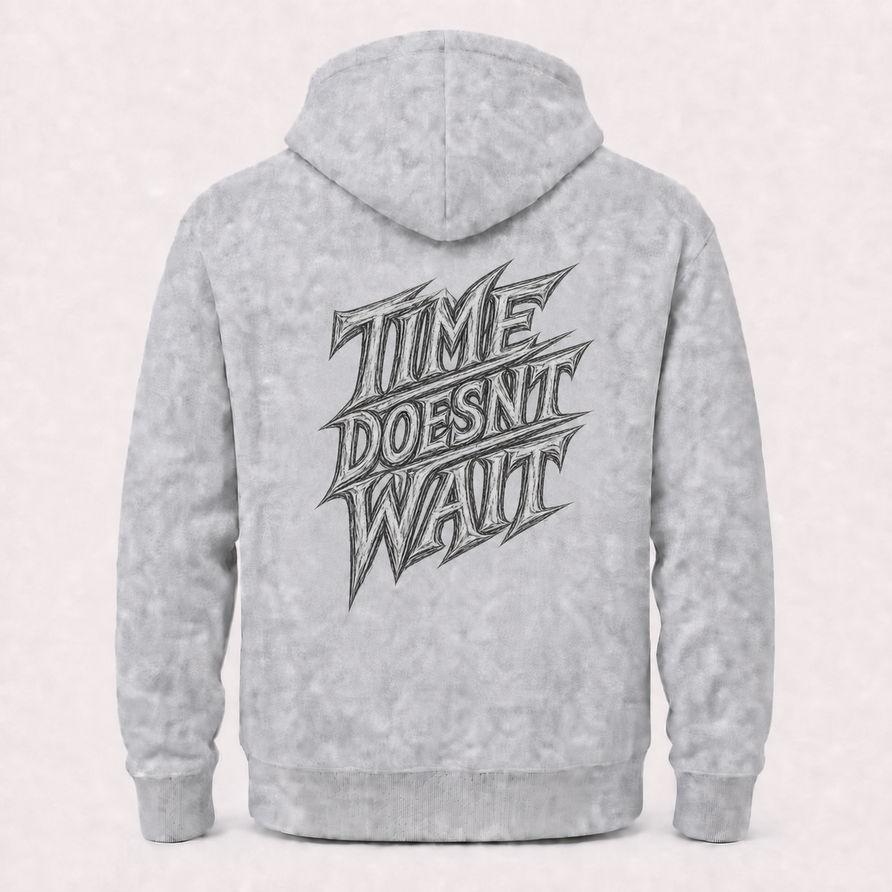 Time Doesn't Wait grey hoodie – product flat back view