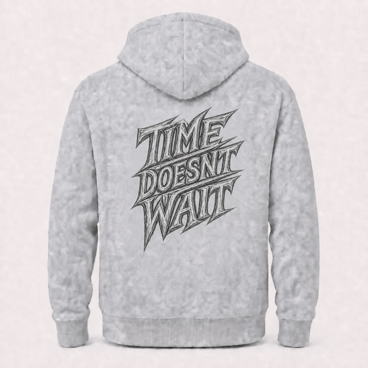 Time Doesn't Wait grey hoodie – product flat back view