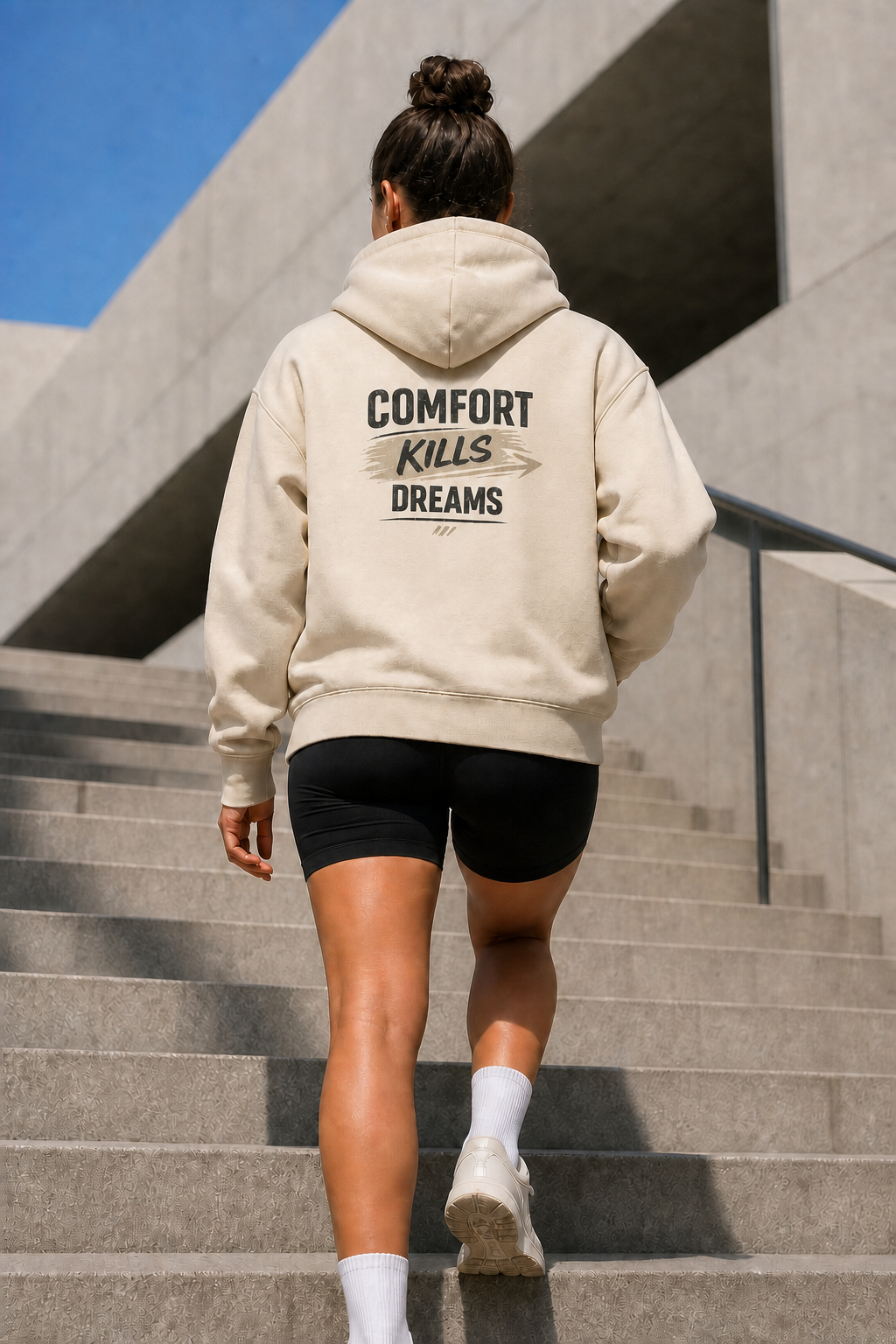 Comfort Kills Dreams oversized sand hoodie – lifestyle back print