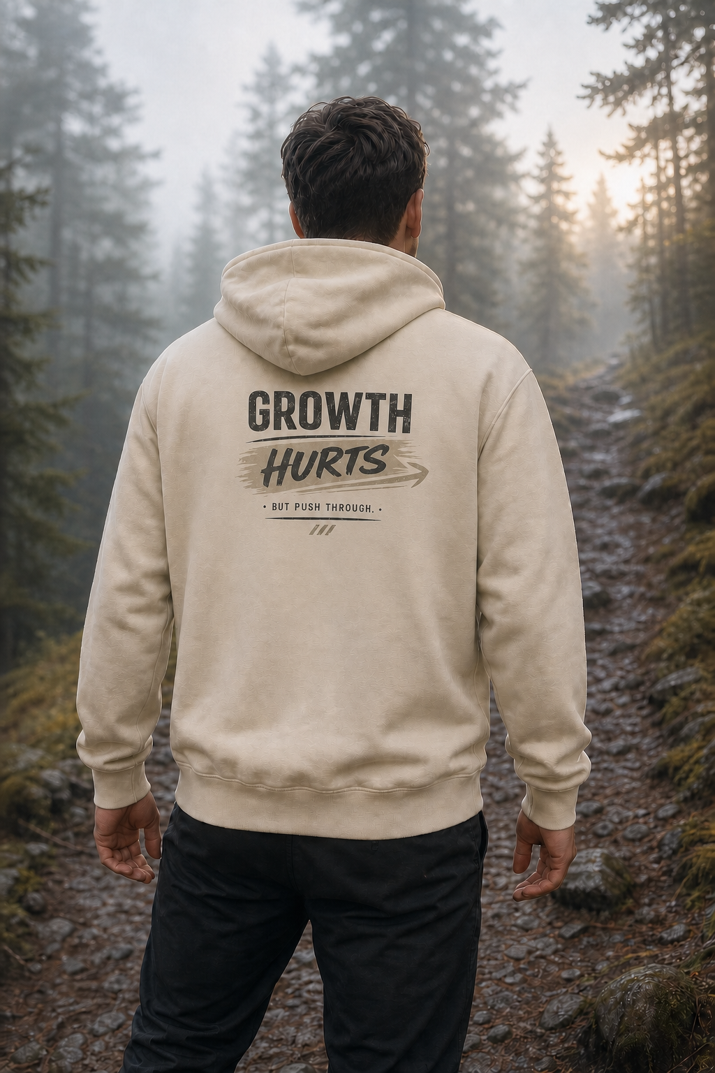 Growth Hurts oversized sand hoodie – lifestyle back print