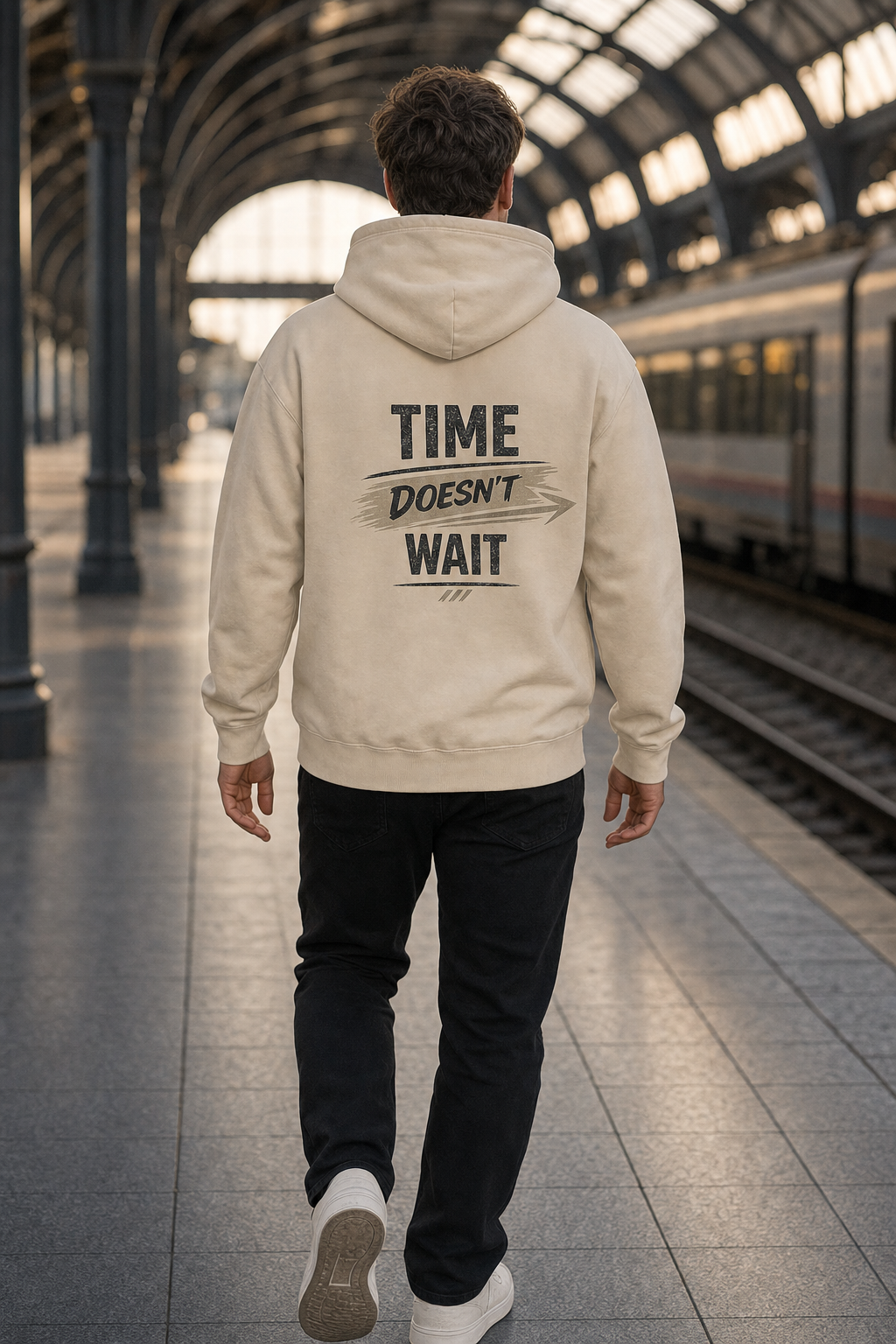 Time Doesn't Wait oversized sand hoodie – lifestyle back print