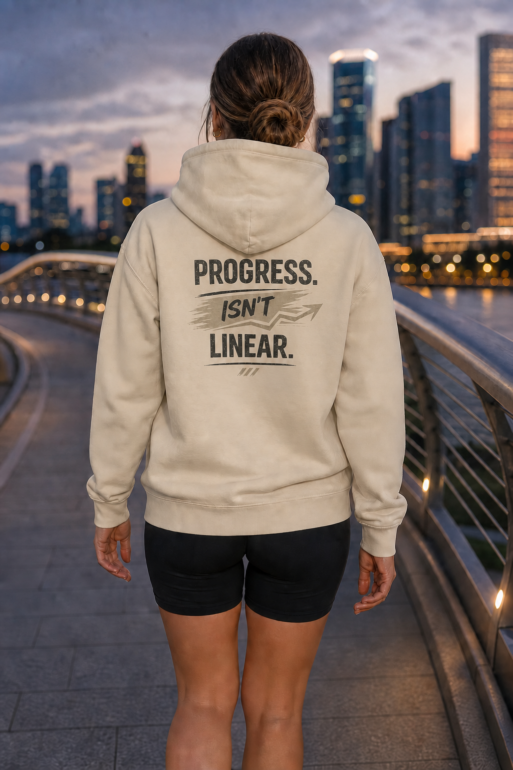 Progress Isn't Linear oversized sand hoodie – lifestyle back print