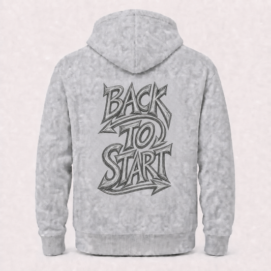 Back To Start grey hoodie – product flat back view