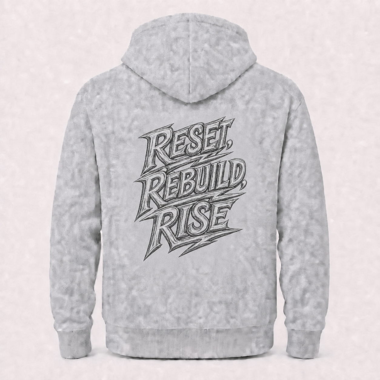 Reset Rebuild Rise grey hoodie – product flat back view