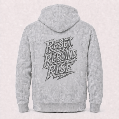 Reset Rebuild Rise grey hoodie – product flat back view