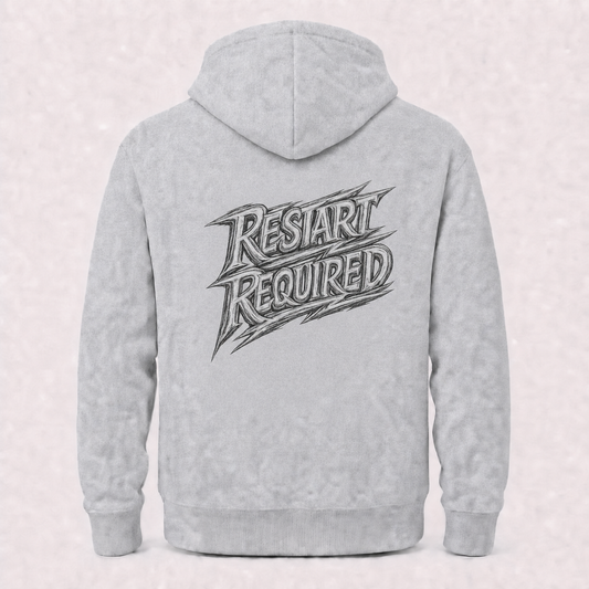 Restart Required grey hoodie – product flat back view