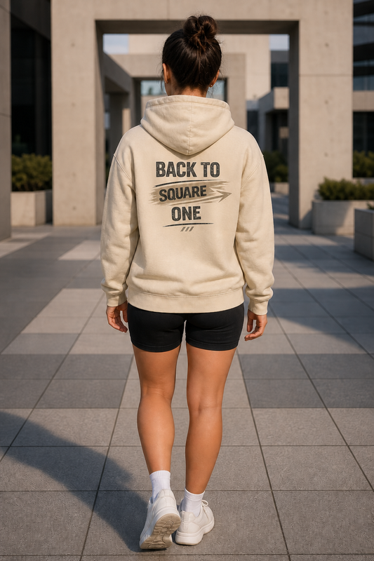 Back To Square One oversized sand hoodie – lifestyle back print