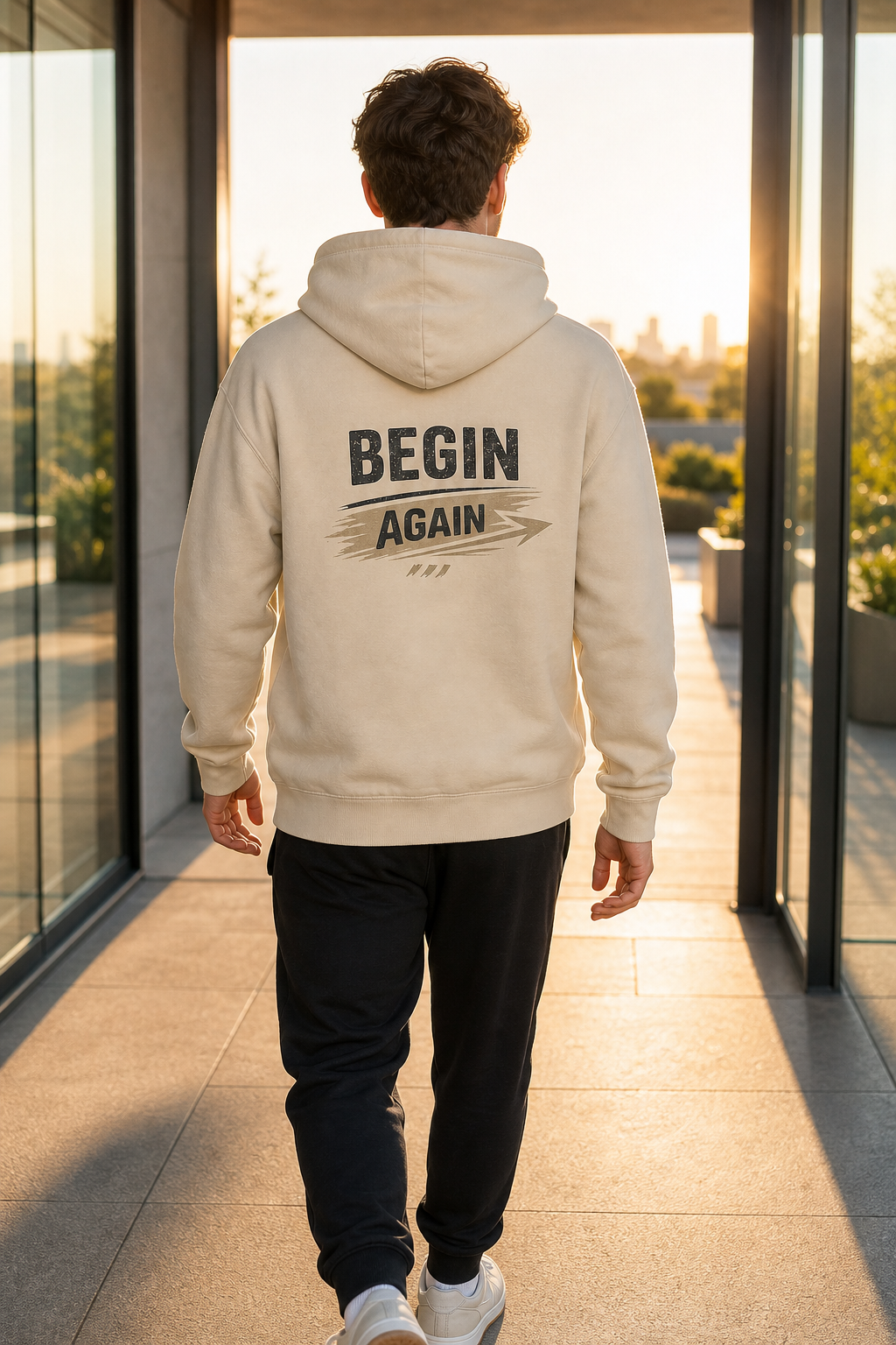 Begin Again oversized sand hoodie – lifestyle back print