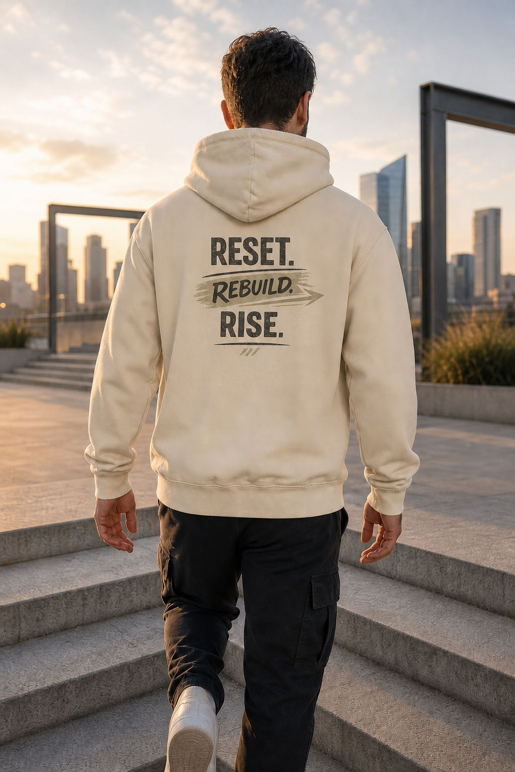 Reset Rebuild Rise oversized sand hoodie – lifestyle back print