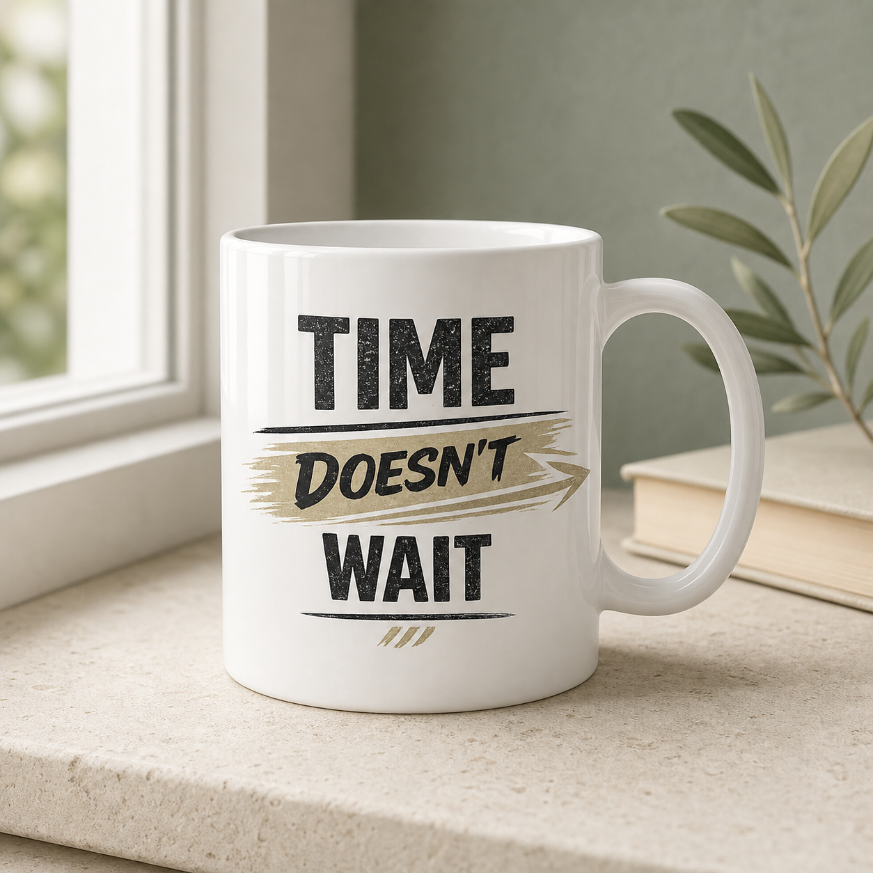 Time Doesn't Wait motivational mug – product shot