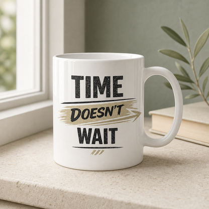 Time Doesn't Wait motivational mug – product shot