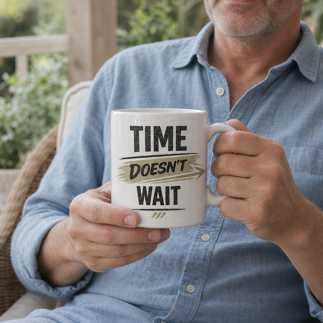 Time Doesn't Wait motivational mug – lifestyle shot