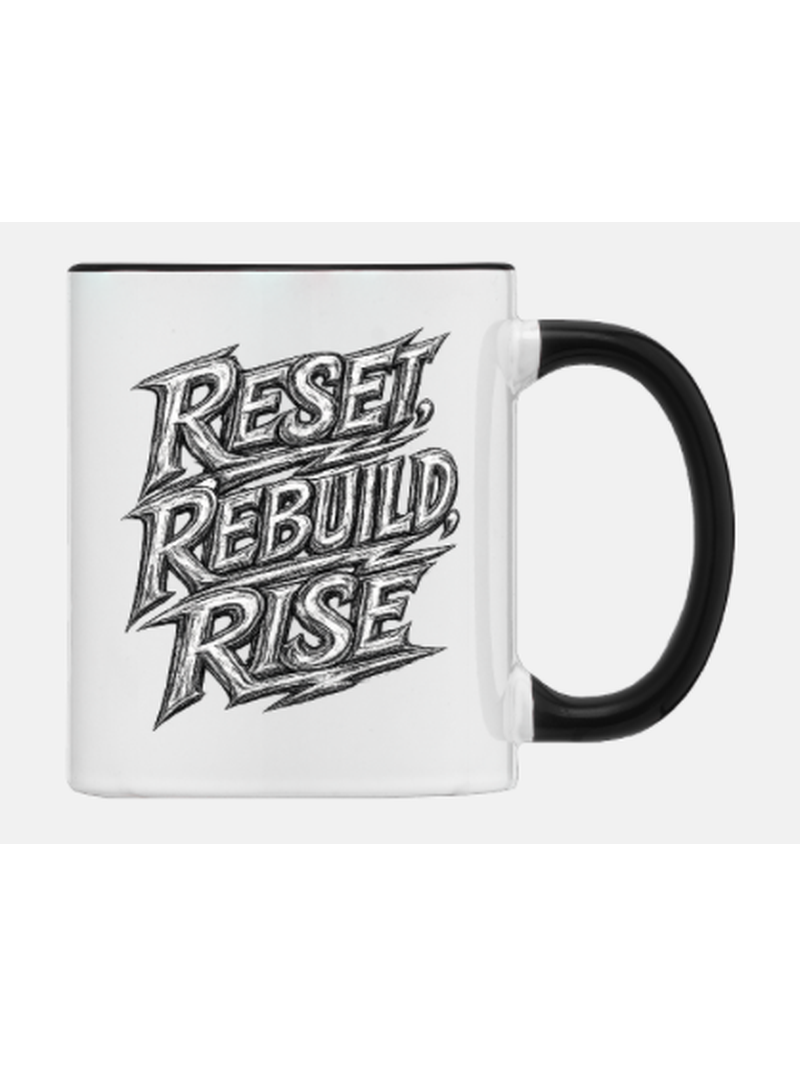 Reset Rebuild Rise black handle mug – bold streetwear edition