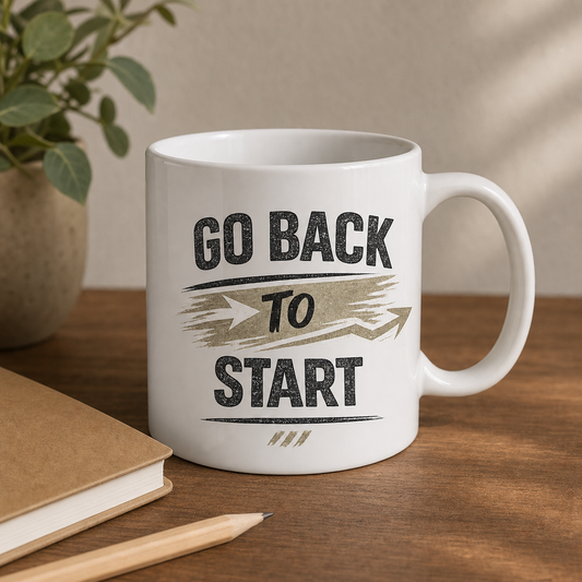 Go Back To Start motivational mug – product shot