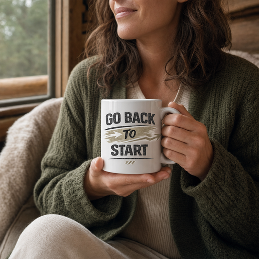 Go Back To Start motivational mug – lifestyle shot
