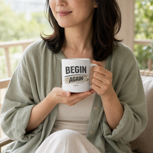 Begin Again motivational mug – lifestyle shot