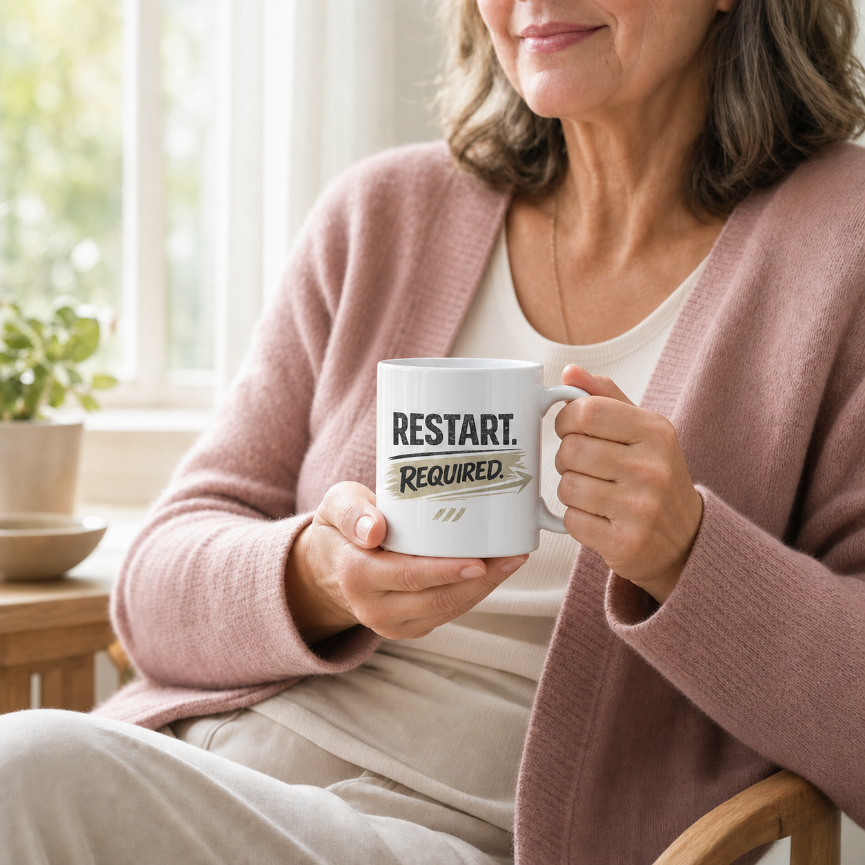 Restart Required motivational mug – lifestyle shot